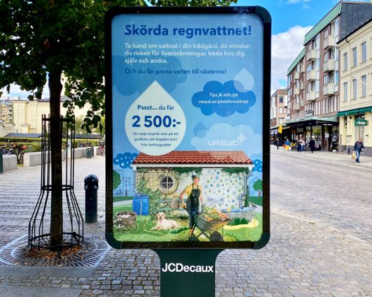VA SYDs reklamskylt för att spara på vattnet i Lund