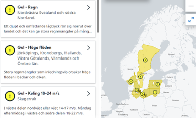 Sverigekarta med flera varningar utfärdade
