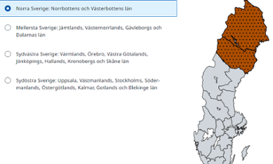 Sverigekarta som visar valda områden i Norra Sverige